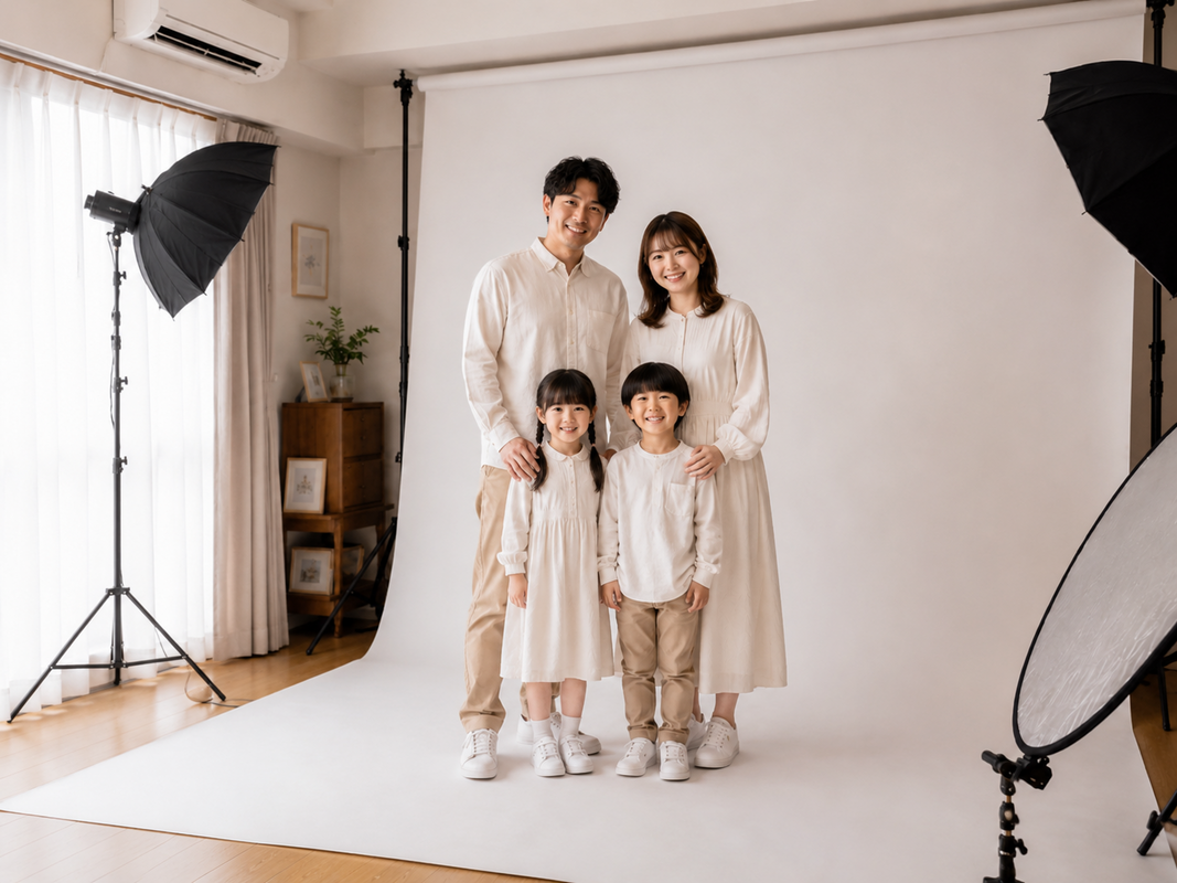 若色写真事務所のスタジオ。アットホームな雰囲気で3人から5人まで対応。
